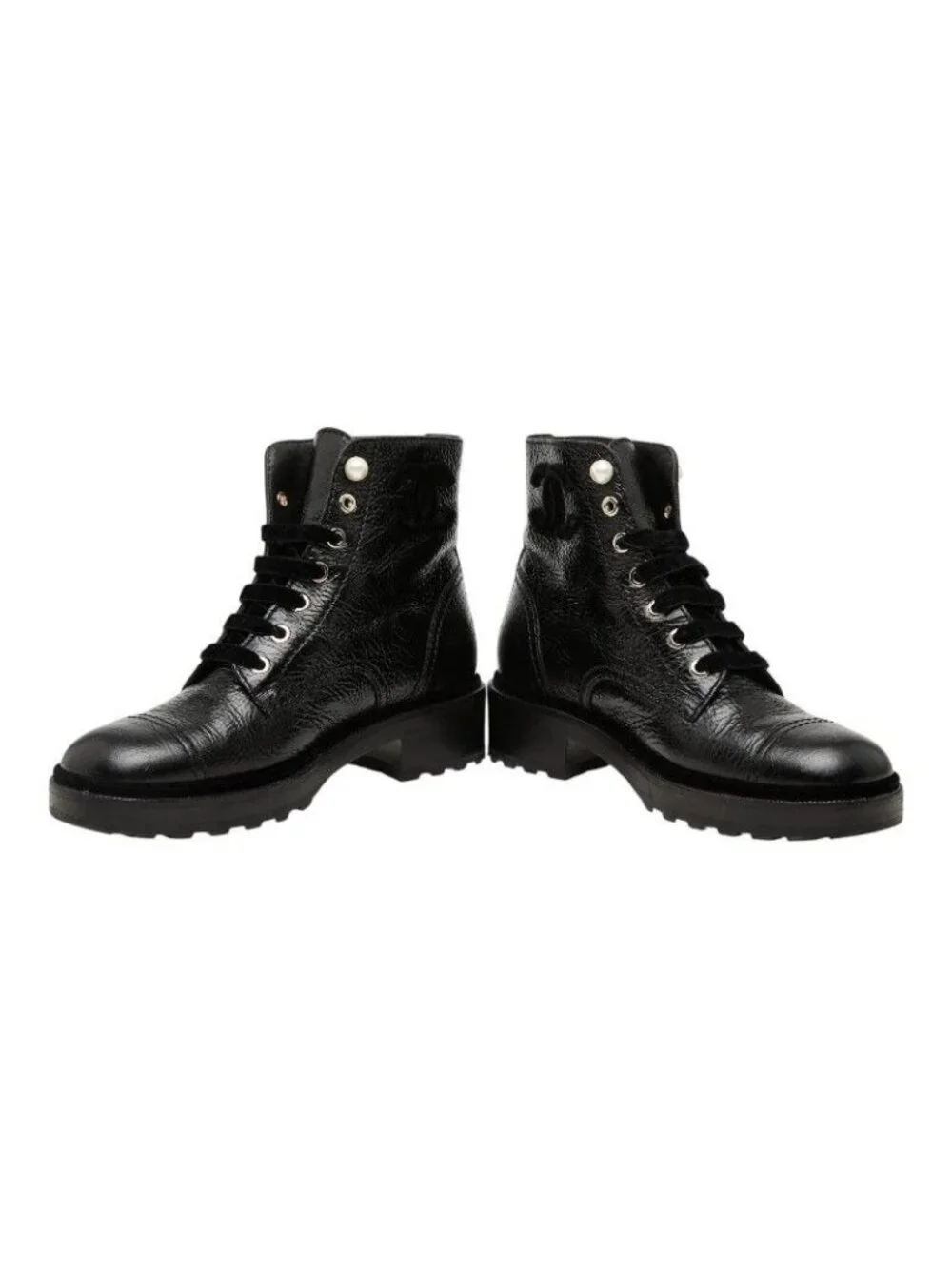 Chanel CC Logo Lace Up Short Boots 38 Black Leather Velour Faux Pearl